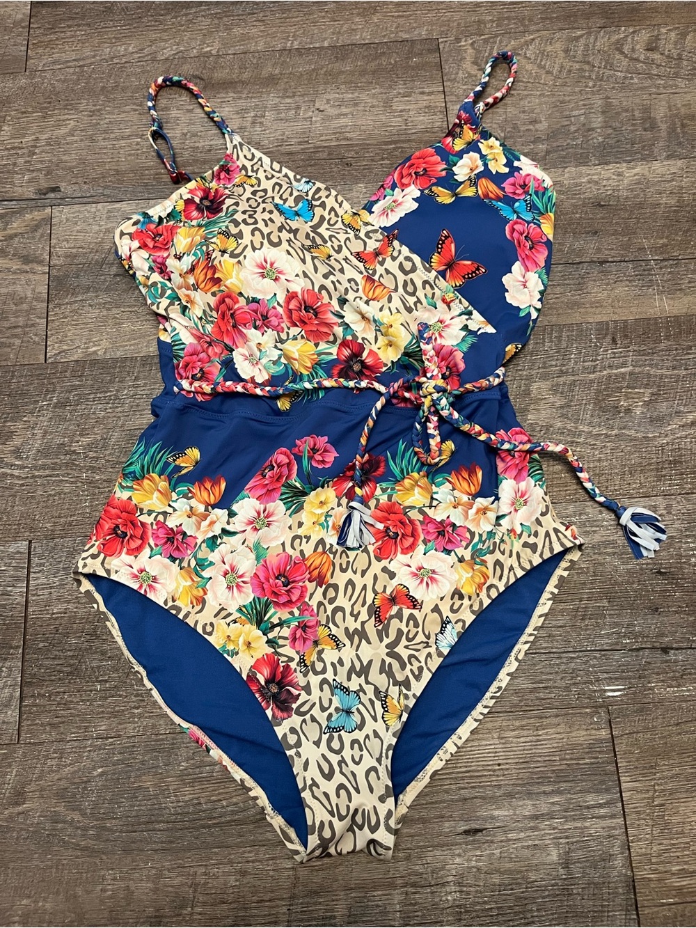 Johnny Was Navy Floral Leopard One-Piece Swimsuit 1X